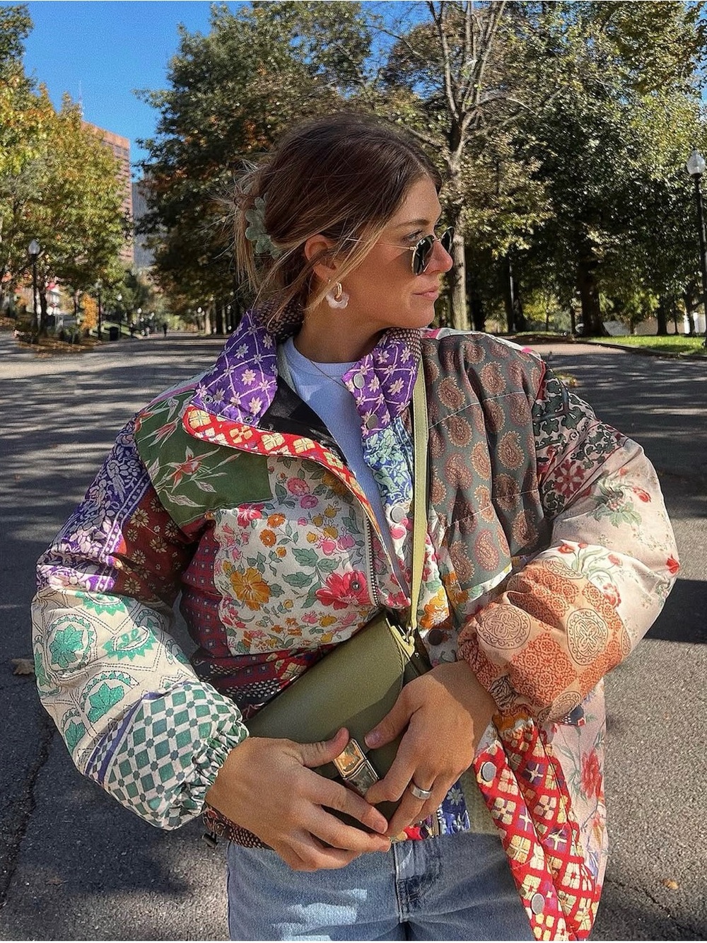 FOUND Mixed Floral Print Garden Patchwork Colorful Bohemian Puffer Coat XS